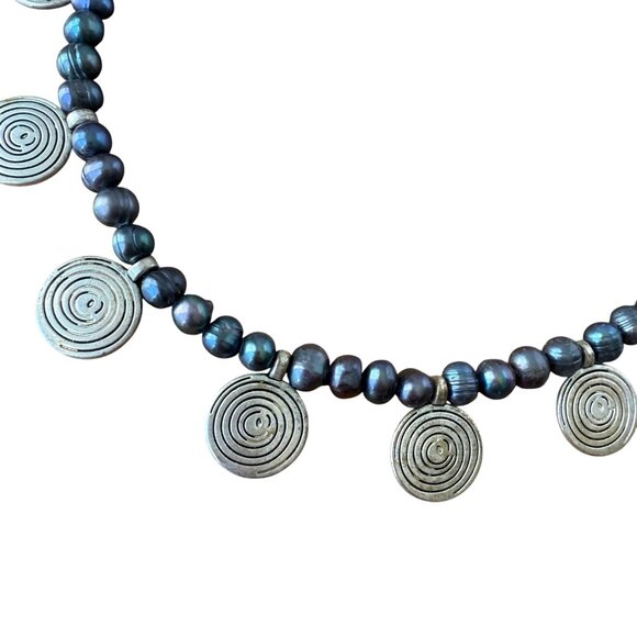 Real Pearl Necklace With Silver Toned Spiral Accents & Toggle Clasp - Picture 3 of 5